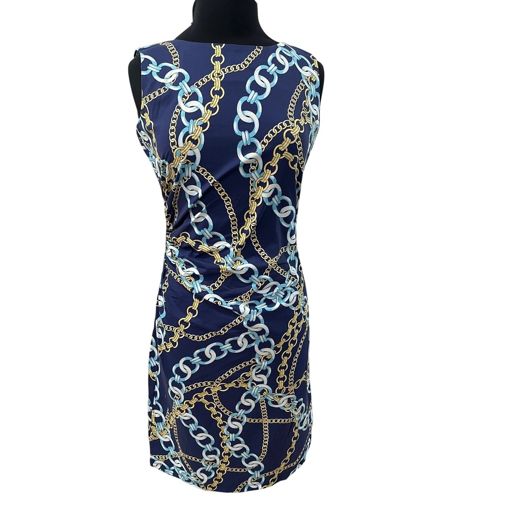 J.McLaughlin Navy Blue Gold Chain Link Print Ruched Sheath Dress Womens Medium